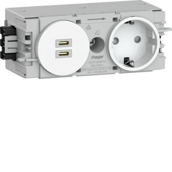 Doppelsteckdose mit zwei USB-Ladeanschlüssen und einer runden Stromversorgungsbuchse, dargestellt als weißes Hager-Elektro-Einsatzmodul.