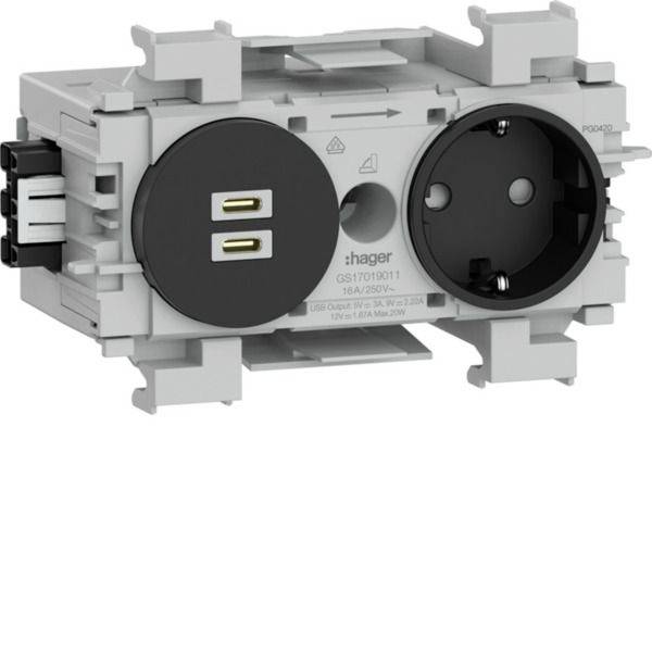 Hager Dual-Wandsteckdosenmodul mit einem USB-Ladeanschluss und einer europäischen Steckdose.