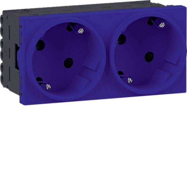 Violettes doppeltes elektrisches Wandsteckdosenmodul mit zwei runden Steckdosen auf einer schwarzen Montagebasis