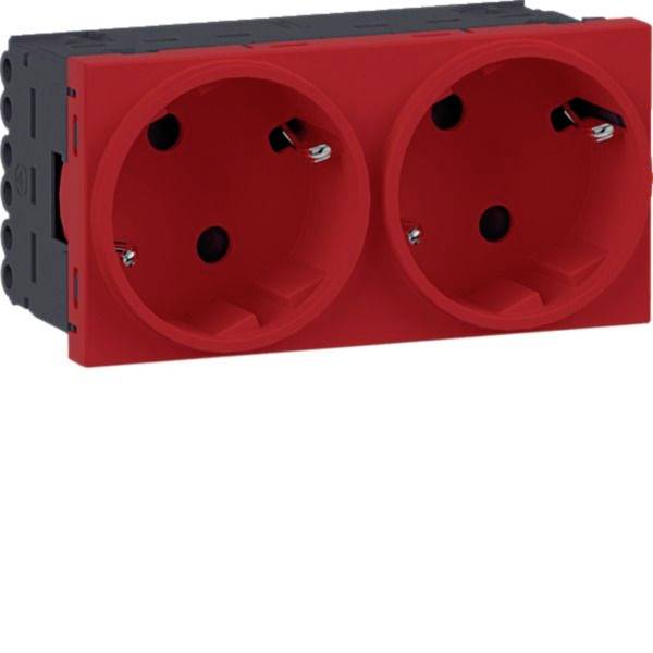 Rotes doppeltes Elektro-Wandauslassmodul mit zwei runden Steckdosen auf einer schwarzen Montagebasis, gezeigt auf weißem Hintergrund.