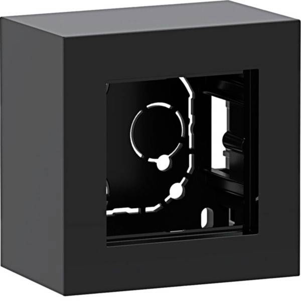 Schwarze, an der Wand montierte kastenförmige Vorrichtung mit einer quadratischen Öffnung, die einen internen kreisförmigen Mechanismus oder Sensor im Inneren zeigt.