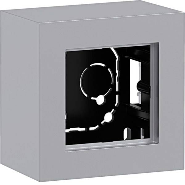 Grauer Wandtresor oder Lockbox mit offener Vorderseite, die einen schwarzen internen Schließmechanismus hinter einer quadratischen Öffnung zeigt.