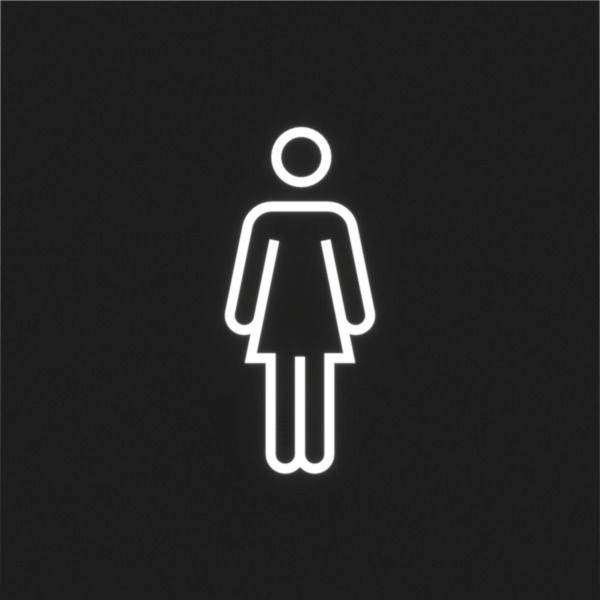 Weiße Toilettensymbol für Frauen auf dunklem Hintergrund, das eine Damentoilette oder ein Damenbad anzeigt.