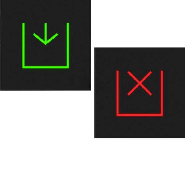 Zwei Statussymbole auf schwarzen Quadraten: ein grüner Download-Pfeil in einem Kästchen und ein rotes X in einem Kästchen, die zulässige und unzulässige Aktionen anzeigen.