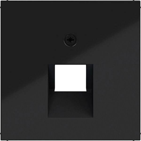 Schwarze Wandplatte mit einer zentralen quadratischen Öffnung und sichtbarer Schraube, wahrscheinlich eine Einzelport-Steckverbinder- oder Steckdosenabdeckung.
