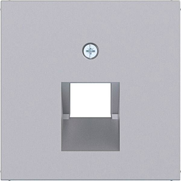 Wandplatte mit einem einzelnen Ethernet-ähnlichen Datenanschluss und einem kleinen kreisförmigen Symbol darüber.
