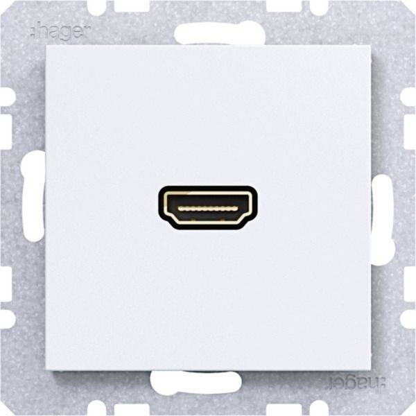 Weiße Wandplatte mit einem einzelnen HDMI-Anschluss, zentriert auf einem metallischen Montagrahmen.