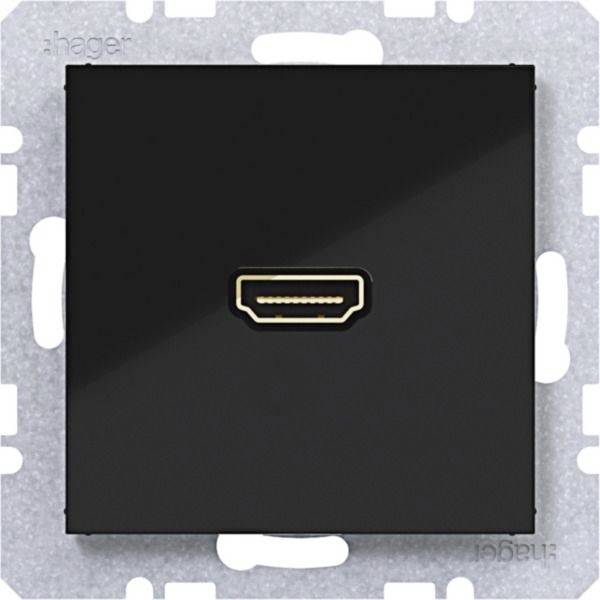 Schwarze HDMI-Steckdosenblende mit zentriertem HDMI-Anschluss, shown in a metal mounting frame.
