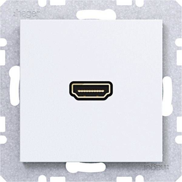 Weiße Wandplatte mit einem einzelnen, zentriert auf einem silbernen Montagrahmen angebrachten HDMI-Anschluss.