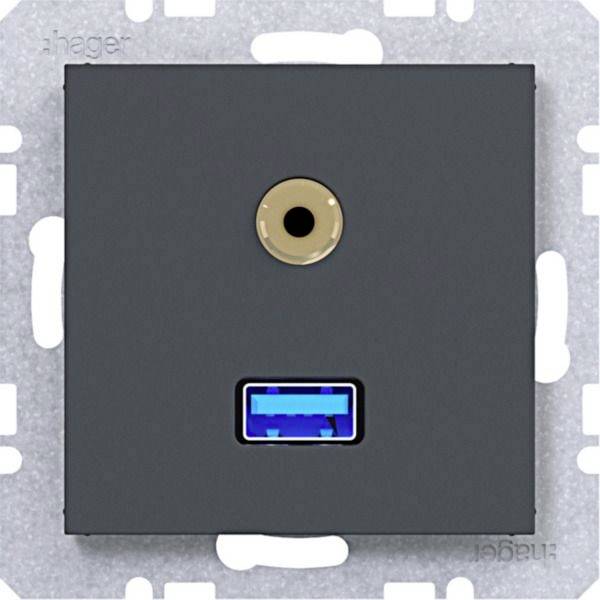 Graue Wandplatte mit einem Koaxialstecker über einem blauen USB-Port, zentriert auf einem metallischen Befestigungsrahmen.