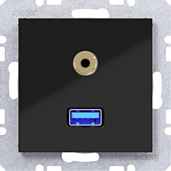 Schwarze Wandplatte mit einer runden Audiobuchse über einem USB-Anschluss, zentriert auf einem silbernen Montagering dargestellt.