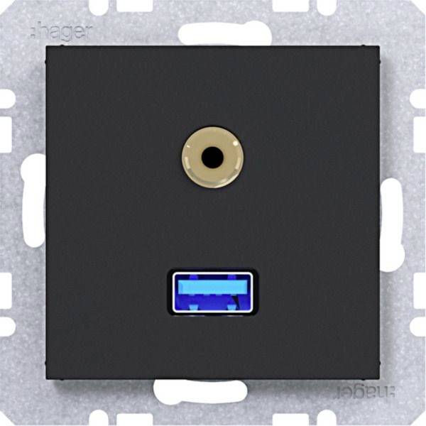 Schwarze Wandplatte mit einer runden Koaxialbuchse über einem blauen USB-Anschluss, dargestellt auf einem silbernen Montagrahmen