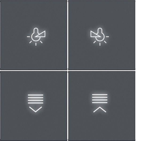 Vier graue quadratische Symbole zeigen eine Person mit einem Megafon und zwei Pfeilsteuerungen sowie nach unten und oben zeigende Chevrons unter horizontalen Linien.