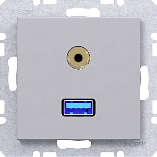 Wandmontierte Frontplatte mit einer runden Buchsenöffnung über einem blauen USB-Anschluss, zentriert auf einem metallischen Montagrahmen.