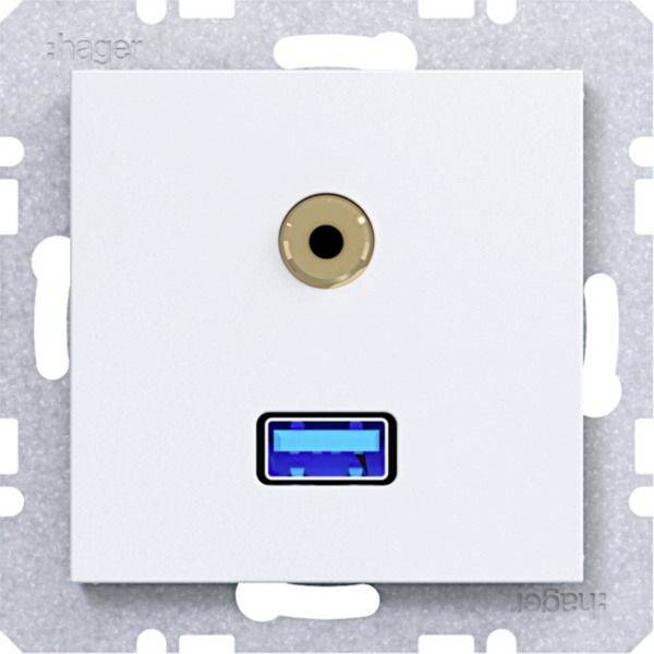 Weiße Wandplatte mit einer runden Koaxialbuchse oberhalb eines blauen USB-Anschlusses, dargestellt auf einem Montagerad.