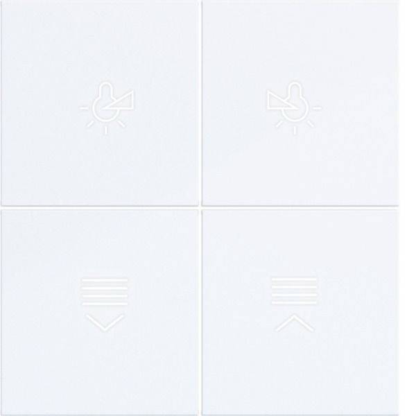 Vier blasse quadratische UI-Kacheln in einem 2x2-Raster, jede mit einem schwachen weißen Wetter-/Pfeilsymbol als schaltflächenähnliche Steuerelemente.