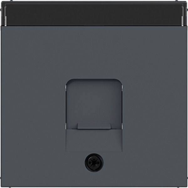 Nahaufnahme einer grauen Elektrosteckdosendose mit einer vertieften Kabelöffnung und einer einzelnen Schraube unten.