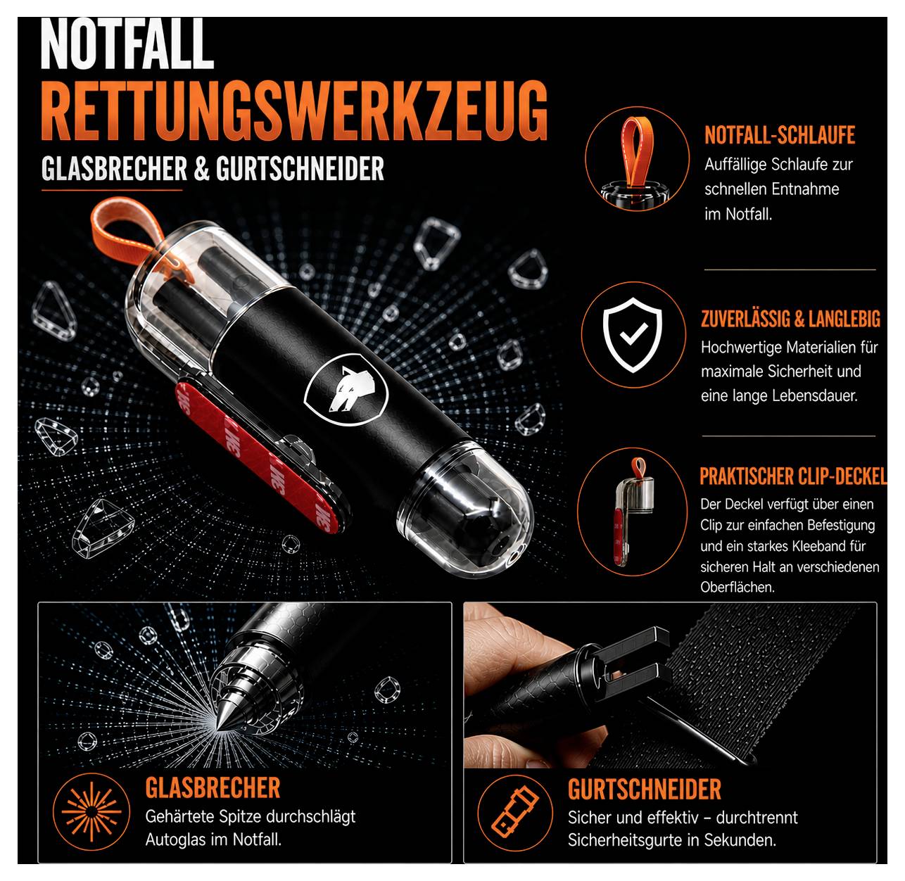 Werbeplakat für ein Notfall-Rettungswerkzeug mit Glasbrecher und Gurtschneider; zeigt das schwarze Zylinder-Tool, Notfall-Schlaufe, Clip-Deckel und die Funktionen in Textboxen.
