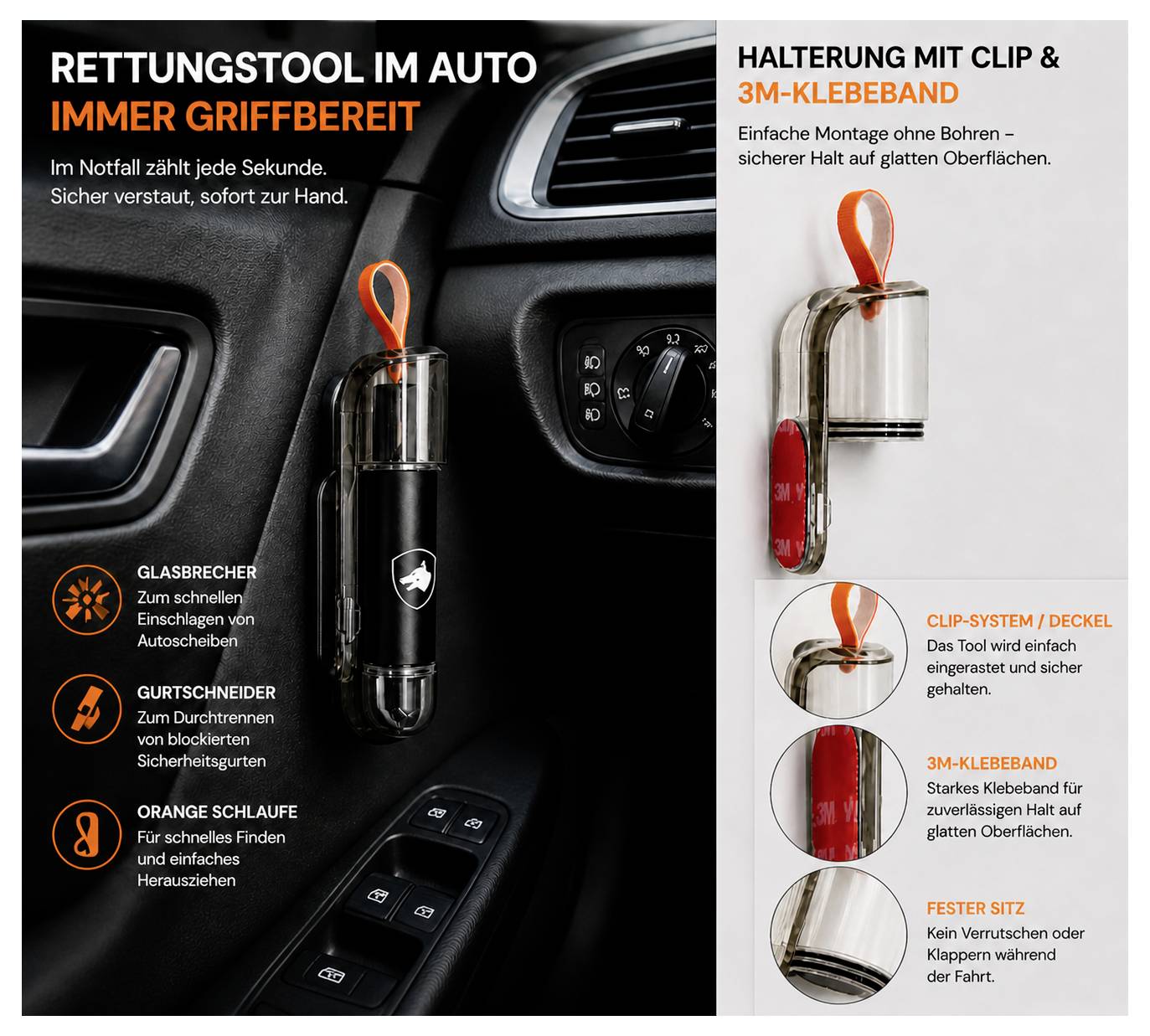 Werbe-Infografik eines Auto-Notfallwerkzeugs im Becherhalter: 'Rettungstool im Auto immer griffbereit', mit Glasbrecher, Gurtschneider und orangem Schlaufe-Design; rechts Montage per Clip und 3M-Klebeband.