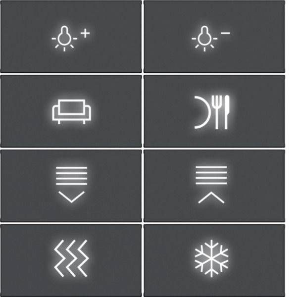 Dunkles Bedienfeld mit acht Touch-Icons: Helligkeit nach oben/unten, Sofa, Mahlzeit, Jalousien öffnen/schließen, Sitzheizung und Schneeflocke für Kühlung.