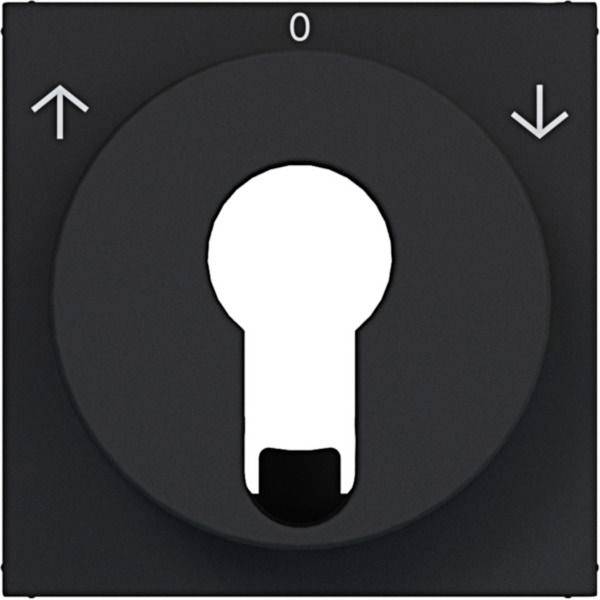 Schwarzes Drehschalter-Symbol mit der Bezeichnung '0' mit Pfeilen nach oben und unten, die auf ein Steuerelement zum Ändern von Einstellungen oder Position hindeuten.