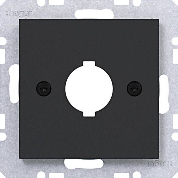 Schwarze quadratische Wandplatte mit zentrierter runder Öffnung und zwei Schrauben, dargestellt auf einer Metallmontageklammer.