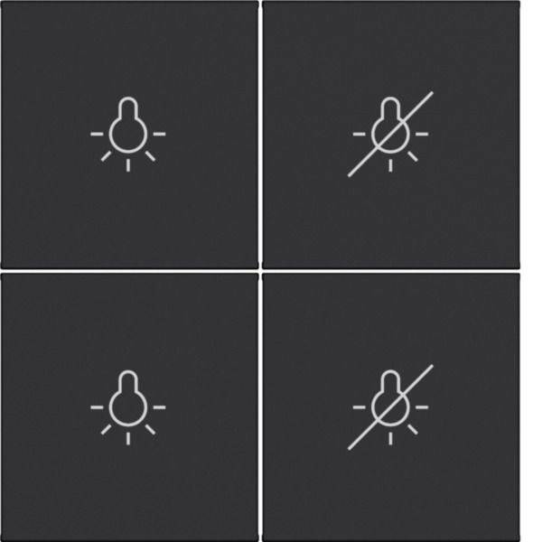 Vier dunkle quadratische Symbole, die ein Glühbirnensymbol zeigen; zwei sind normal und zwei sind durchgestrichen, was Ein- und Ausschaltzustände anzeigt.