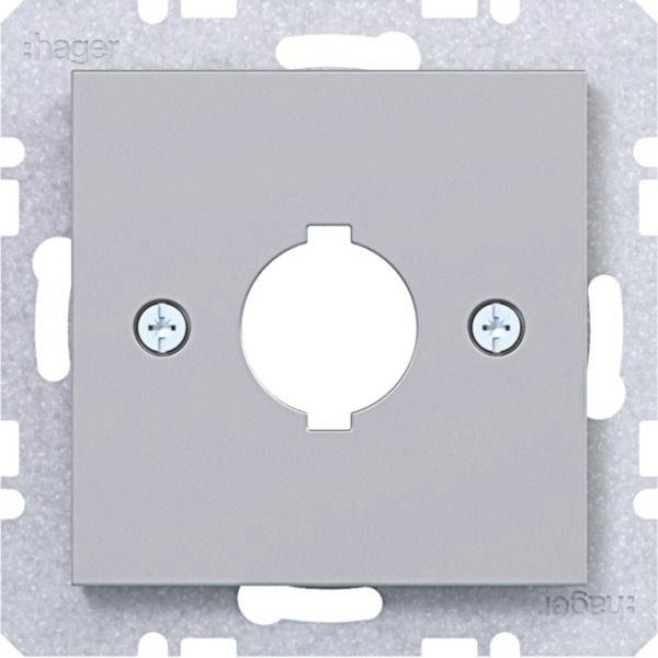 Quadratische Metallwandplatte mit zentraler kreisförmiger Öffnung und zwei Schrauben, gezeigt vor einem Montagrahmen.