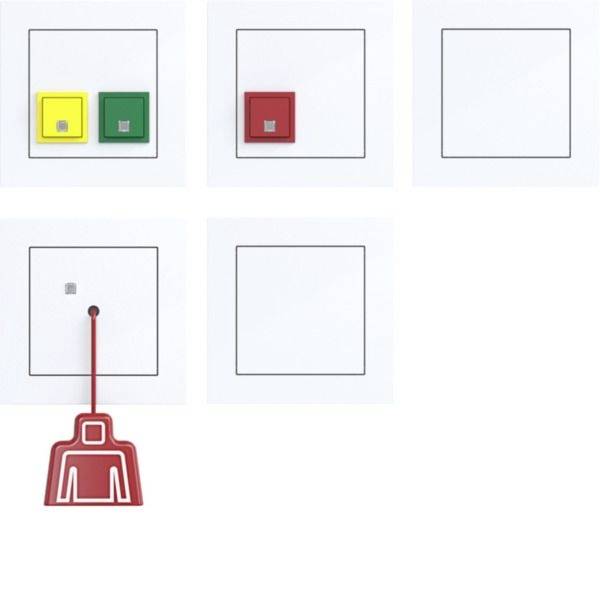 Diagramm mit Darstellung von Elektroschalter-Zuständen: zwei Schalter in Gelb und Grün aktiviert, ein roter Schalter, und ein Zugschalter, der unten hängt, mit weiteren leeren Feldern.