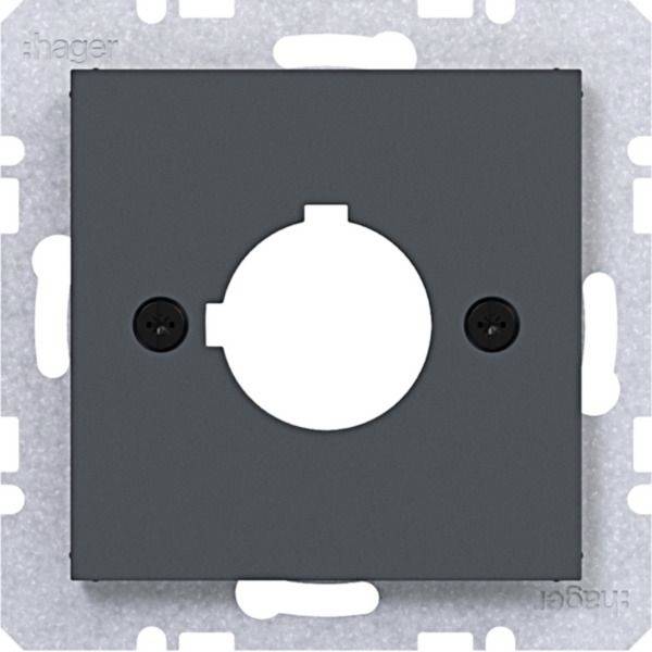 Dunkelgraue elektrische Wandplatte mit einer großen zentralen kreisförmigen Öffnung und zwei sichtbaren schwarzen Schrauben auf einer metallischen Montageklammer.