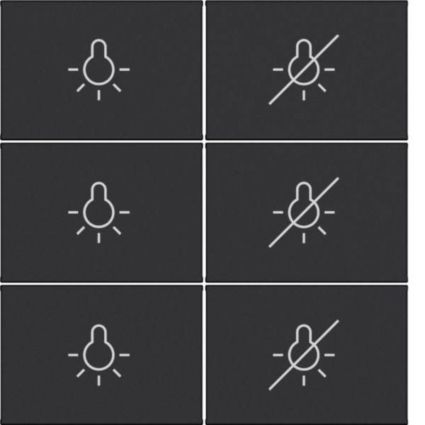 Sechs dunkle Kacheln zeigen ein Glühbirnensymbol für Helligkeit, wobei die rechte Spalte durch einen diagonalen Strich durchgestrichen ist, was einen deaktivierten oder ausgeschalteten Zustand anzeigt.
