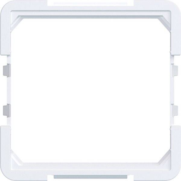 Weißer quadratischer Rahmen oder Geräterahmen mit abgerundeten Ecken und grauen Seitenklemmen auf einfachem Hintergrund.