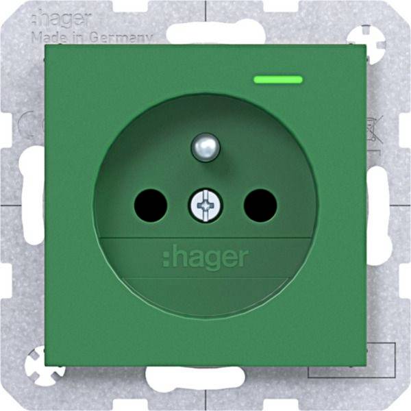 Grüne Steckdose mit zwei runden Buchsen und einem zentralen Schutzleiterstift, montiert auf einem Metallrahmen, Marke Hager.