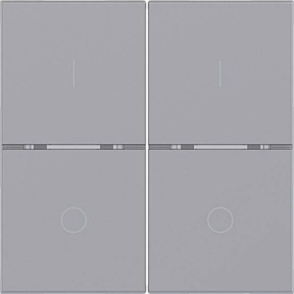 Vier graue Touchpanels in einem 2x2-Raster angeordnet, jedes mit einem dünnen vertikalen Indikator oben und einem kreisförmigen Touch-Symbol unten.