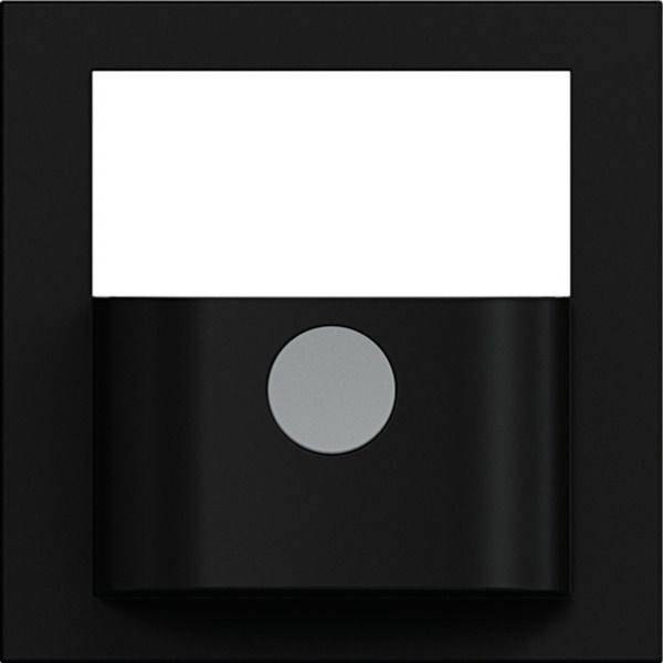 Abstraktes schwarzweißes quadratisches Symbol mit einem grauen Kreis, der auf der unteren schwarzen Hälfte zentriert ist und einem minimalistischen Schalter oder Button ähnelt.
