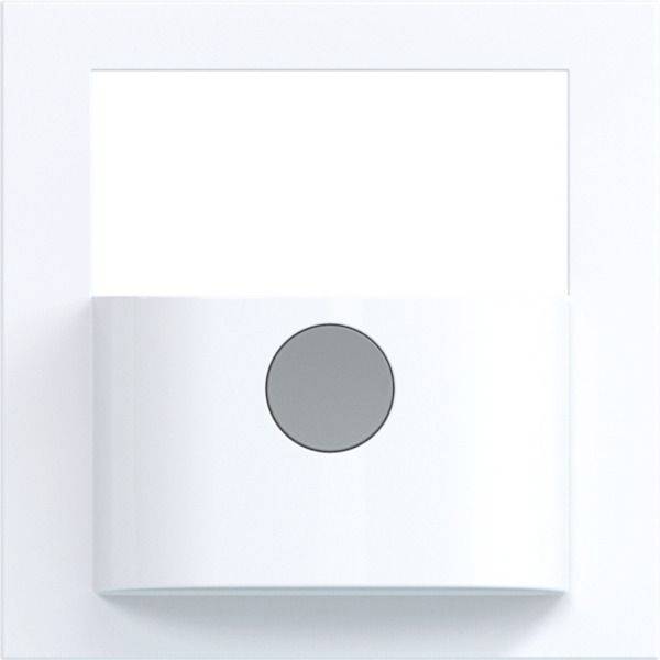 Minimalistische weiße quadratische Wandleuchte mit zentriertem grauem Rundelement oder Sensor auf glänzendem Paneel.