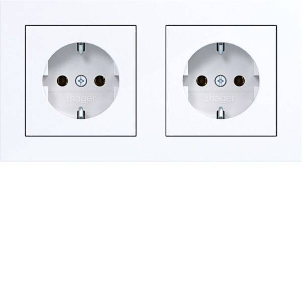 Zwei weiße elektrische Wandsteckdosen nebeneinander auf hellem Hintergrund.