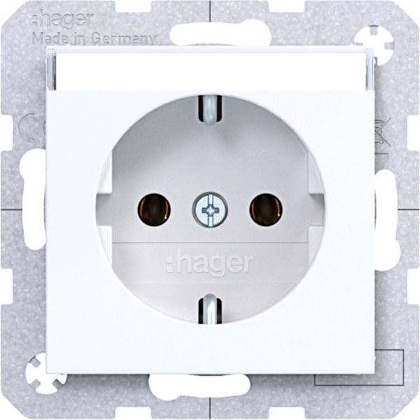 Vorderansicht einer weißen elektrischen Wandsteckdosen-Moduls mit zwei runden Steckerlöchern und einem zentralen Erdungskontakt, montiert auf einem Metallrahmen.