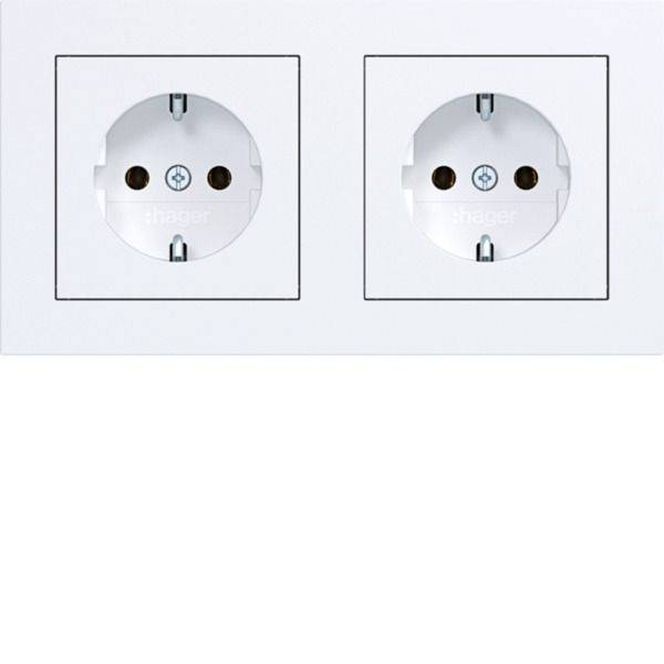 Zwei weiße elektrische Wandsteckdosen nebeneinander auf einer hellen Platte.