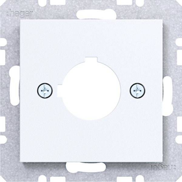 Weiße quadratische Elektrosteckdosenblende mit zentraler kreisförmiger Ausnehmung und zwei sichtbaren Schrauben auf einer grauen Montagefläche.
