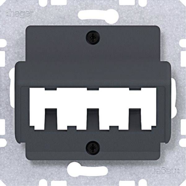 Wandmontierte schwarze dreifach-Datendose mit drei RJ45-artigen Anschlüssen auf einer grauen Montageplatte.