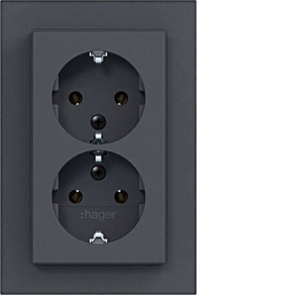 Dunkelgraue doppelte Elektrosteckdose mit zwei runden Steckplätzen, dargestellt in Frontansicht auf einer passenden Blende.