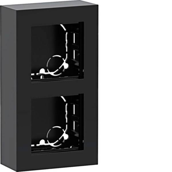 Schwarze wandmontierte Doppelöffnungs-Box oder Dispenser mit zwei quadratischen Sichtfenstern, die weiße innere Hardware zeigen