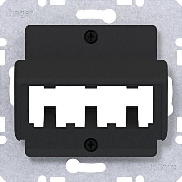 Schwarze Wandplatte mit drei Ethernet-ähnlichen Anschlüssen auf hellgrauem Panelhintergrund.