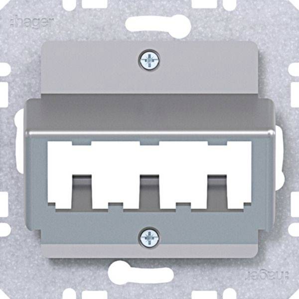 Graue dreiport-wandmontierte Netzwerkbuchse/Keystone-Blende mit einer zentralen Befestigungsschraube auf einer silbernen perforierten Rückseite.