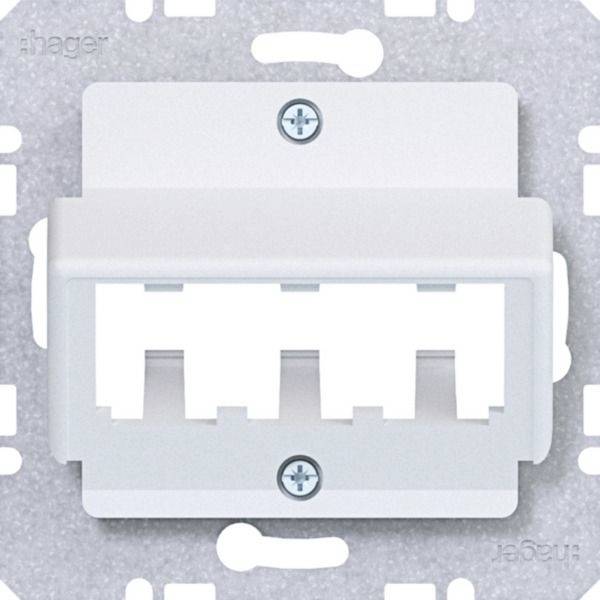 Nahaufnahme einer weißen Ethernet-Wanddose mit drei Kabelanschlüssen und zwei sichtbaren Schrauben auf einer grauen Montageplatte.