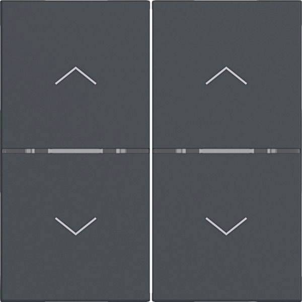 Vier dunkelgraue quadratische Schaltflächen in einem 2x2-Layout, jeweils mit einem nach oben oder unten weisenden Chevron, was auf Richtungssteuerungen oder Navigation hindeutet.