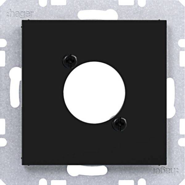 Schwarze quadratische Wandplatte mit einer zentralen runden Öffnung und zwei sichtbaren Schrauben, montiert auf einem metallischen Elektrorahmen.