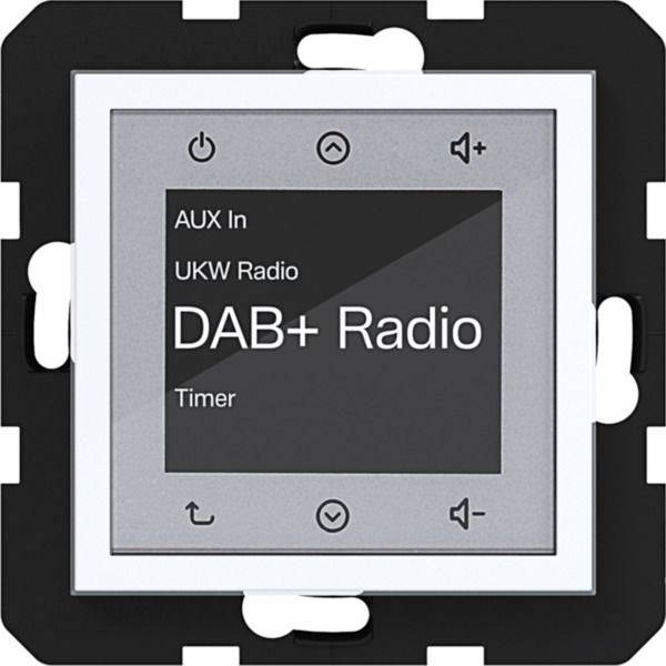 Wandmontiertes DAB+-Radiobedienfeld mit Display, das „AUX Eingang