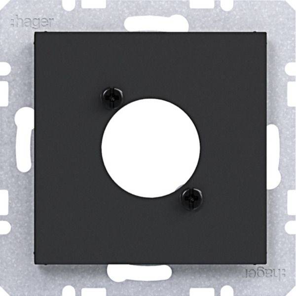 Schwarze Wandplatte mit einer großen kreisförmigen Öffnung und zwei Befestigungsschrauben auf einer Metallhalterung für Elektrokasten.